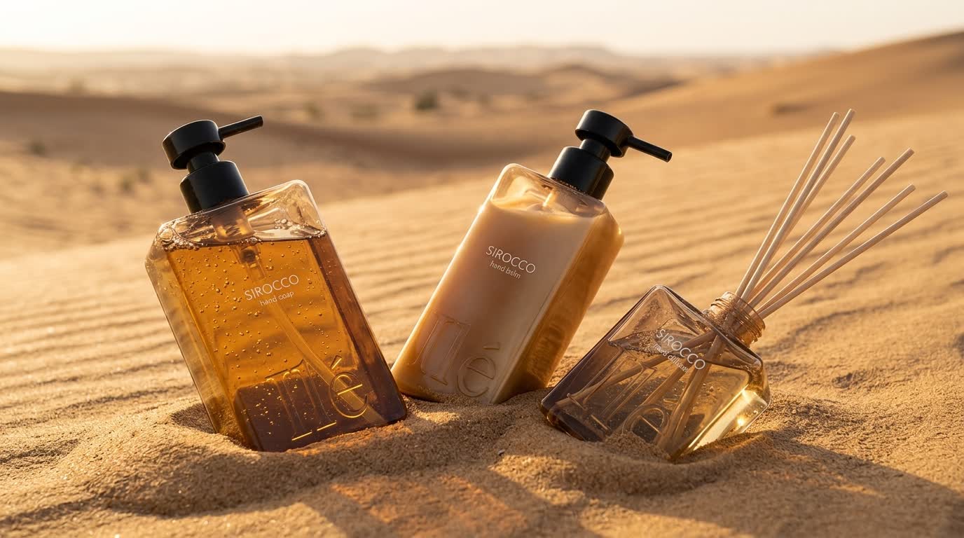 Sirocco hand soap, hand balm and reed diffuser standing in sand